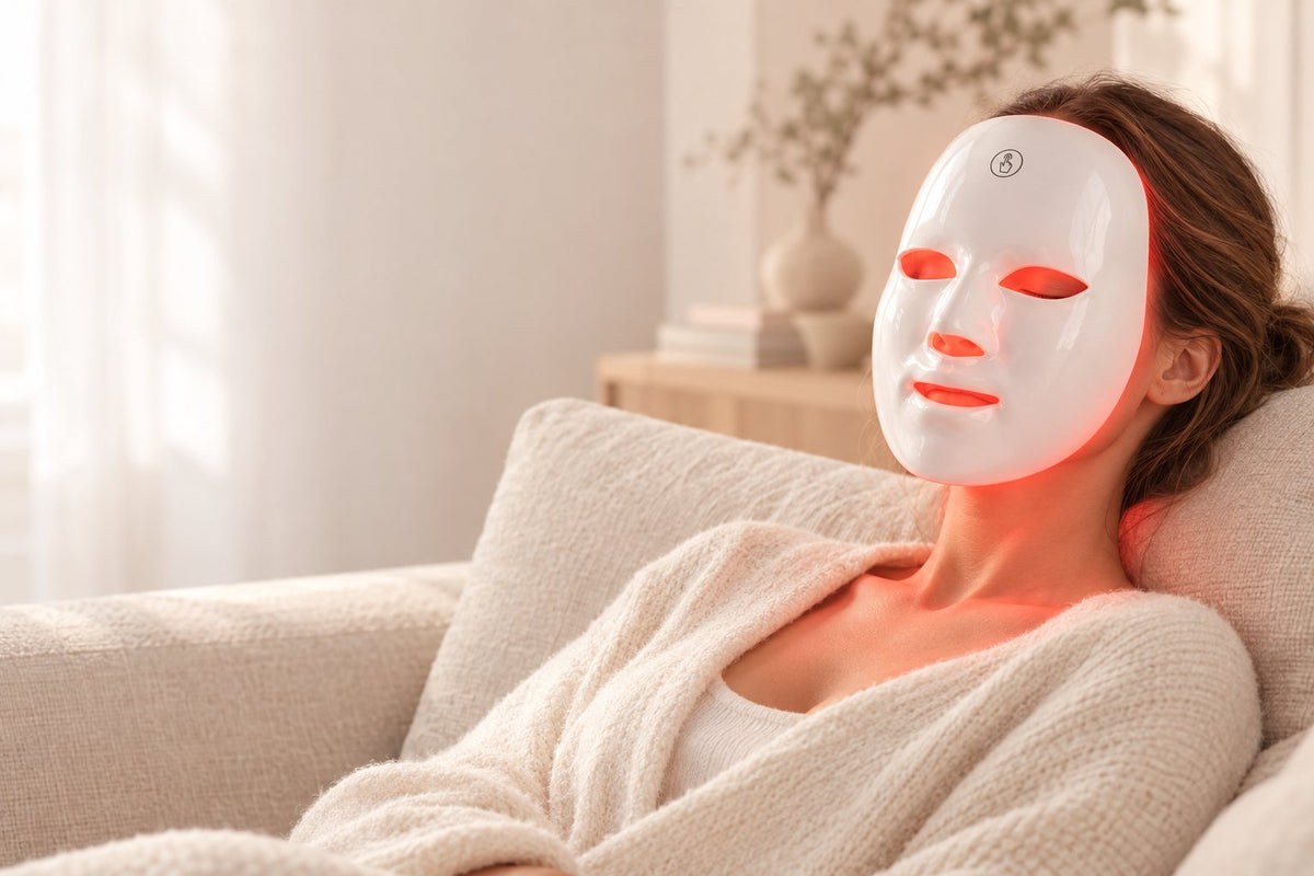 Vrouw ontspant met het Aurelle LED-masker met rood licht