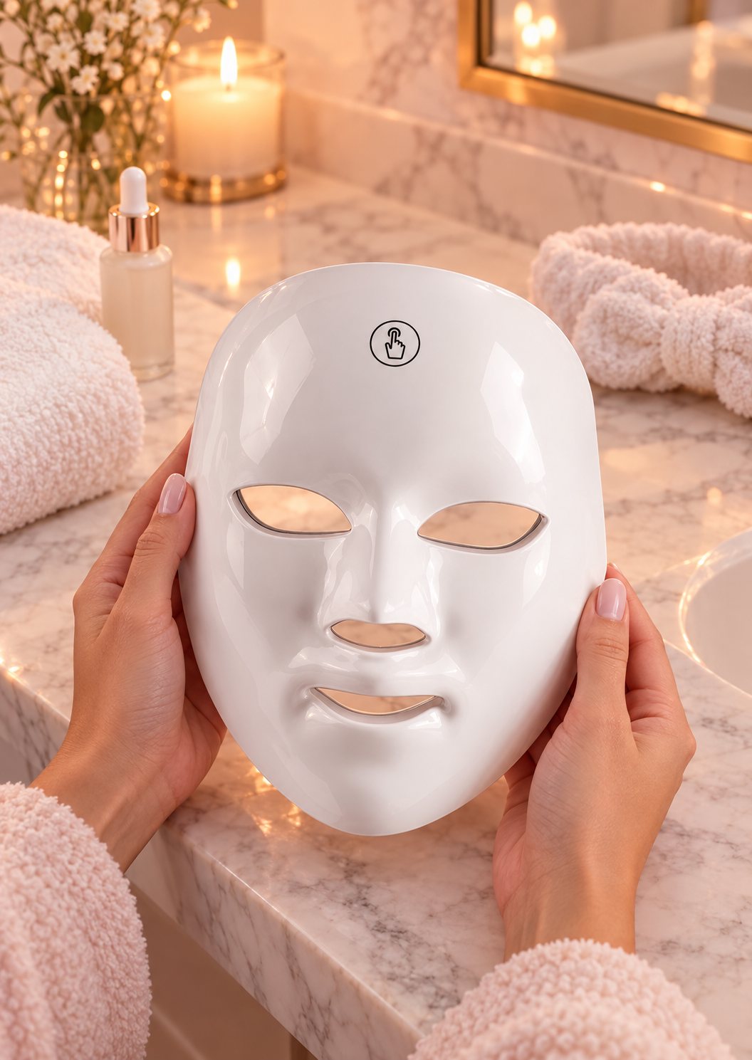 Handen houden het Aurelle masker vast in een badkamer