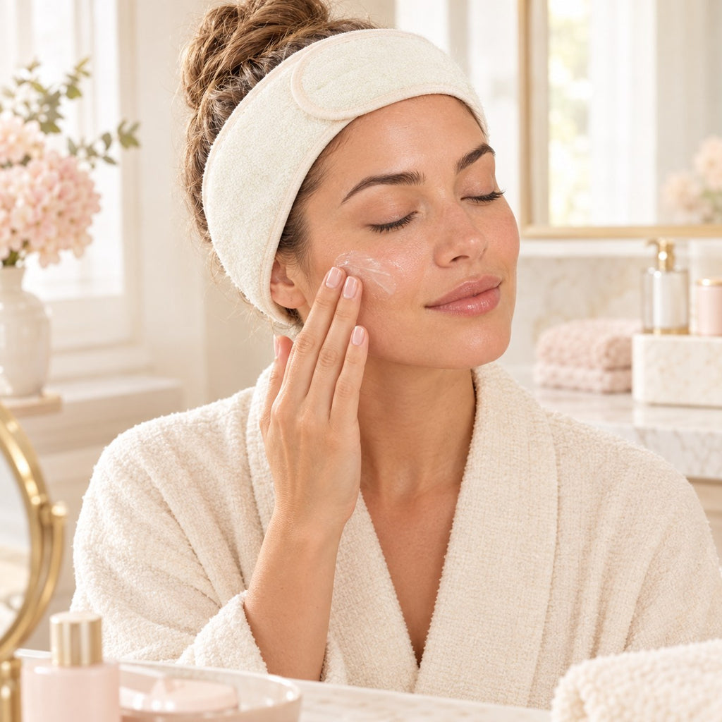 Wearing the Veyralum Spa Headband during skincare