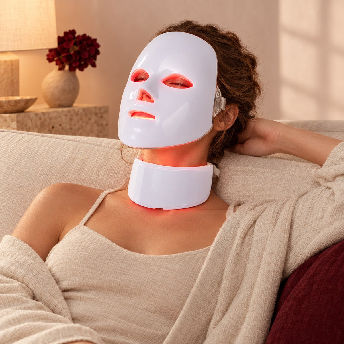 Veyralum 7-Color LED Face & Neck Mask – Wearing the LED face and neck mask